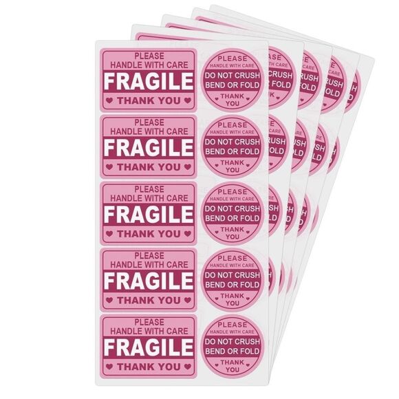 Pink Fragile - 100 Handle With Care Stickers - Do Not Crush Bend - Thank You - Picture 1 of 7